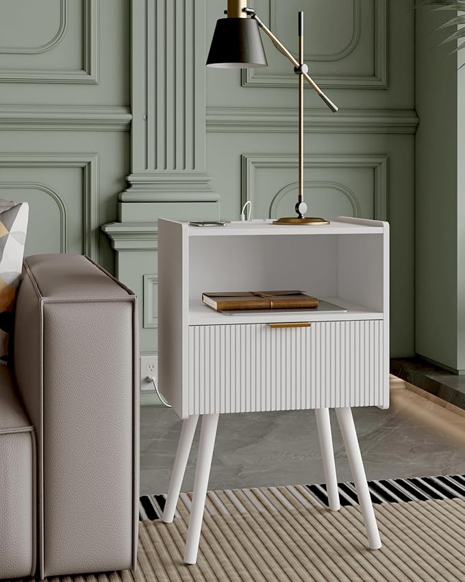 Nightstand,Modern Bedside Table with Storage Drawer and Open Wood Shelf, Accent Night Stand with Solid Wood Legs for Living Room, Bedroom and Small Spaces,Easy Assembly (White-Outlet)