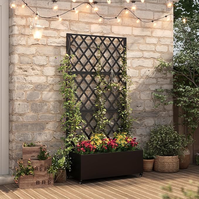 Metal Raised Garden Bed with Trellis & Wheels,72" x 35"x 15.7" Planter Box with Trellis,Privacy Planters for Patio,Garden Bed for Climbing Plants,Suitable for Climbing Plants and Vegetables,Black