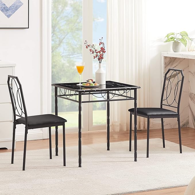 VECELO 3 Piece Dining Table Set for 2, Dinette with Chairs for Kitchen, Breakfast Nook, Small Space,Easy Assembly