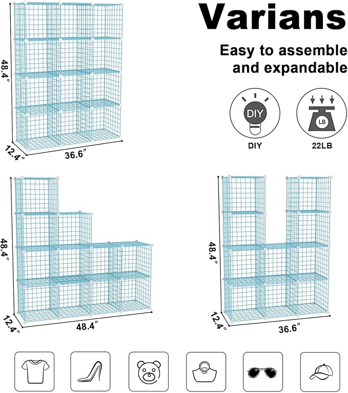 C&AHOME Wire Cube Storage, 12 - Cube Organizer Metal C Grids, Modular Shelves Units, Closet Organizer, Ideal for Home, Office, Living Room, 36.6”L x 12.4”W 48.4”H, Blue UWCS3012B