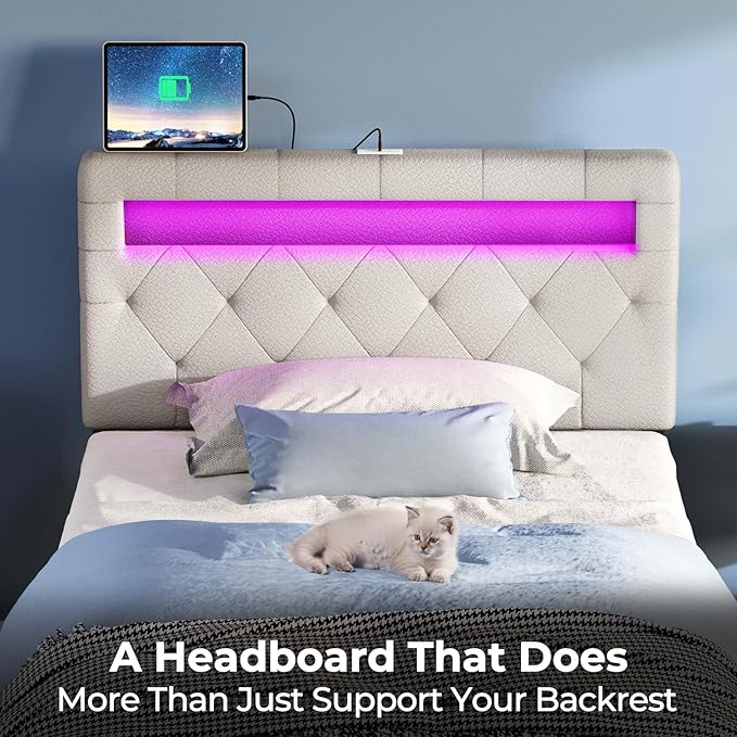GREENSTELL Headboard for Twin Size Bed with 60,000 DIY Color of LED Light, USB & Type C Post, Attach Frame, Height Adjustable, White Leather Wall Mounted Head Boards Only, Sturdy & Stable, Twin