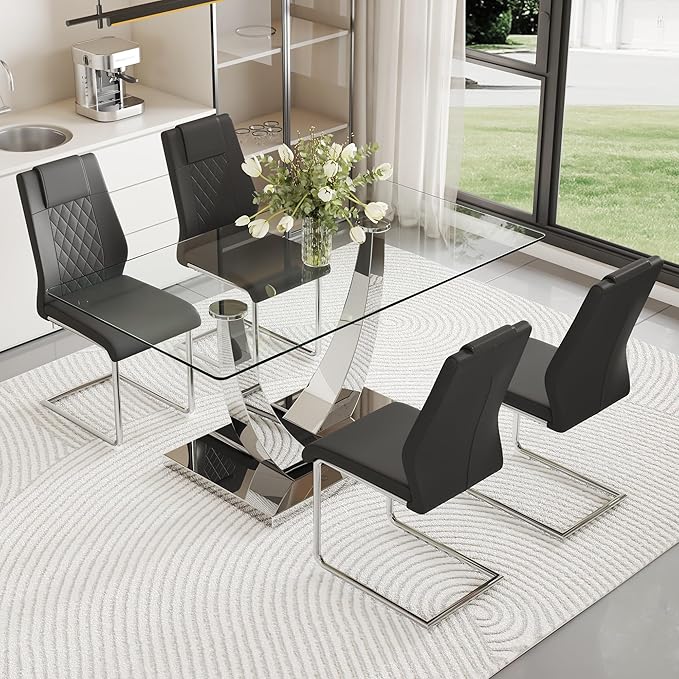 AZmac 63” Glass Dining Room Table Set for 4, Modern Kitchen Table and Chairs Set of 4, Dining Sets with Rectangular Tempered Glass and Sturdy Silver Chrome Base, for Kitchen Home