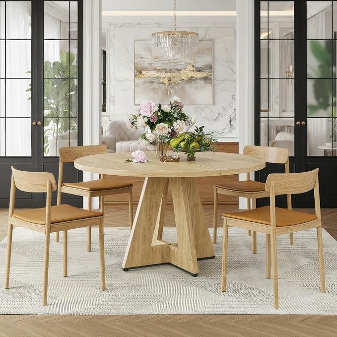Farini 47" Round Dining Table for 4-6, Modern Kitchen Room Tables with Wood Top & Sturdy Metal Base,Large Round Dinner Table for Dining Room,Natural