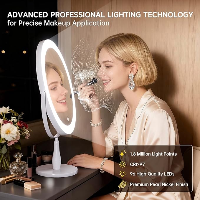 9" Extra Large 16.54" Tall Lighted Makeup Mirror, 1X/5X, 2-Sided Magnifying Mirror with 96 LEDs, 3 Color Dimmable Lights, 360° Swivel, LED Vanity Mirror, White - Great Gift
