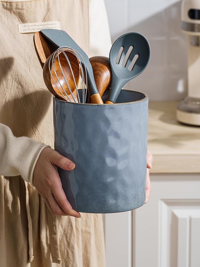 famiware Ocean Utensil Holder, 7.2"+5.8" Ceramic Kitchen Utensil Holder for Countertop, 2 Pieces Cooking Utensil Crocks, Utensil Organizer for Spatula & Spoon, Kitchen Decor, Set of 2, Blue