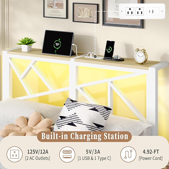 Queen White Metal Bed Frame with USB Charging Station, LED Ambient Lighting, and Wooden Storage Headboard - Includes Under-Bed Storage, No Box Spring Needed, Noise Free, Easy to Assemble