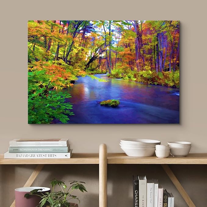wall26 Canvas Print Wall Art Multicolor Autumn Forest with Blue River Floral Nature Illustrations Realism Bohemian Scenic Relax/Calm Cool for Living Room, Bedroom, Office - 24"x36"