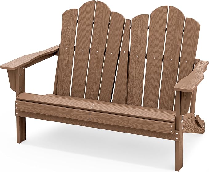 SERWALL Folding Adirondack Bench, HDPE All-Weather Adirondack Loveseat, 660 lbs Capacity, Foldable Outdoor Patio Bench for Deck, Lawn, Garden, Brown
