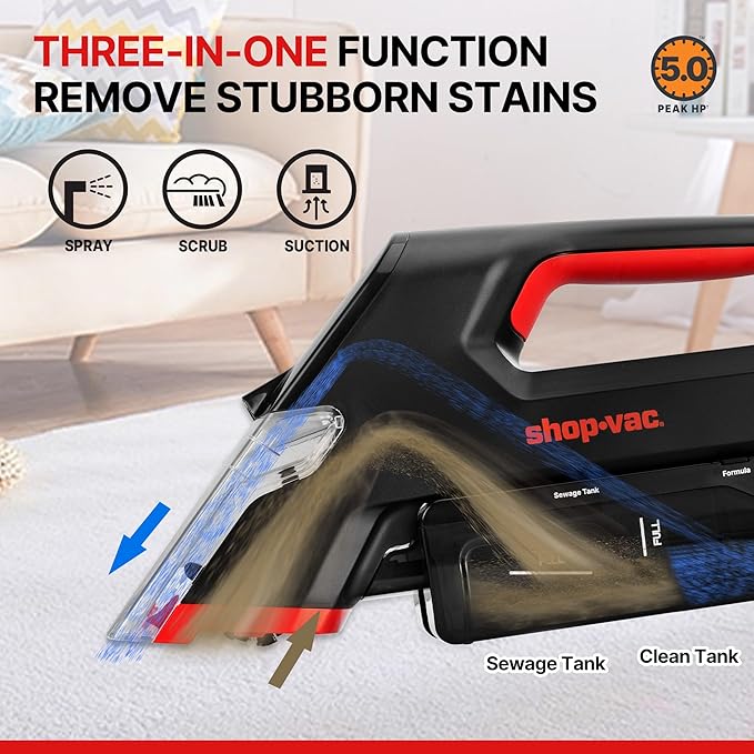 Shop-Vac 3-in-1 Cordless Spot Cleaner, Handheld Upholstery Cleaner with Spray, Rolling Brush and 5.5kPa Suction, 2 Water Tanks, USB-C Rechargeable