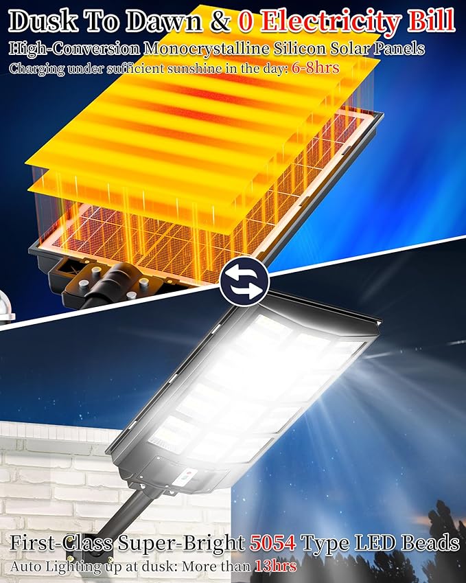 Gefolly SL-7000W Solar Street Light Outdoor 700000LM Wide Angle Commercial Parking Lot Lights Dusk to Dawn 6500K Flood Security Light IP67 Lamp for Basketball Court, Yard