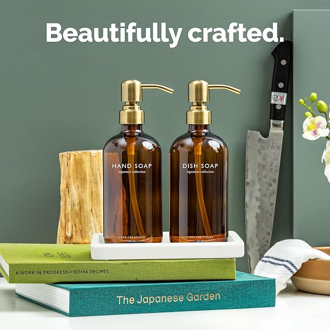 Vine Creations Amber Glass Soap Dispenser Set, Kitchen Soap Dispenser Set with Ceramic Tray, 16 oz Dish Soap and Hand Soap Dispensers with Stainless Steel Pump Decor (Amber Bottle/Brushed Brass)