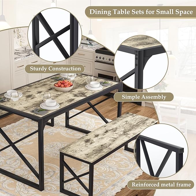 VECELO Kitchen Dining Table Benches Set for 4, 55" Wooden Dinette with 2 Benches, Heavy-Duty Dining Room Table for Small Space, Breakfast Nook, Grey