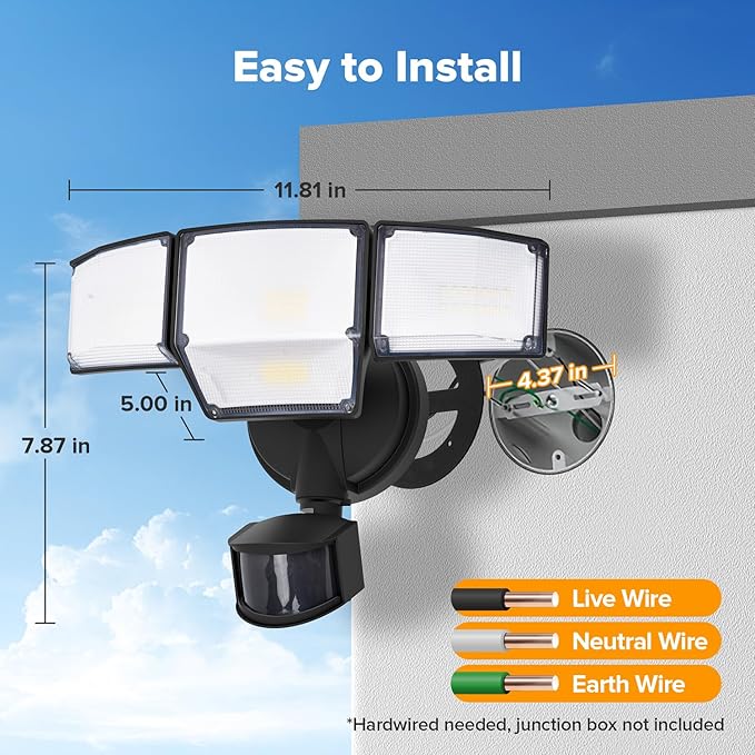 LUTEC 80W 9000LM LED Security Light Hardwire Motion Sensor Outdoor Lights, 4 Head LED Flood Lights Outdoor 5000K Daylight, IP65 Waterproof, Motion Detected Lights for Outside, Garage, Yard (Black)