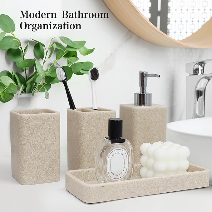 YMXYJM Bathroom Accessories Set, 4 Pcs Bathroom Accessory Set, Soap Dispenser, Toothbrush Holder, Qtip Holder Set, Bathroom Sets Complete, Bathroom Sink Set for Modern Home, Beige