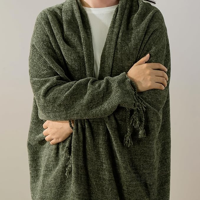 BATTILO HOME Olive Green Throw Blanket for Couch Bed Sofa, Soft Cozy Chenille Throw Blanket with Fringe Tassels, Lightweight Knit Throw Blanket for Home Decor, 50"x60"