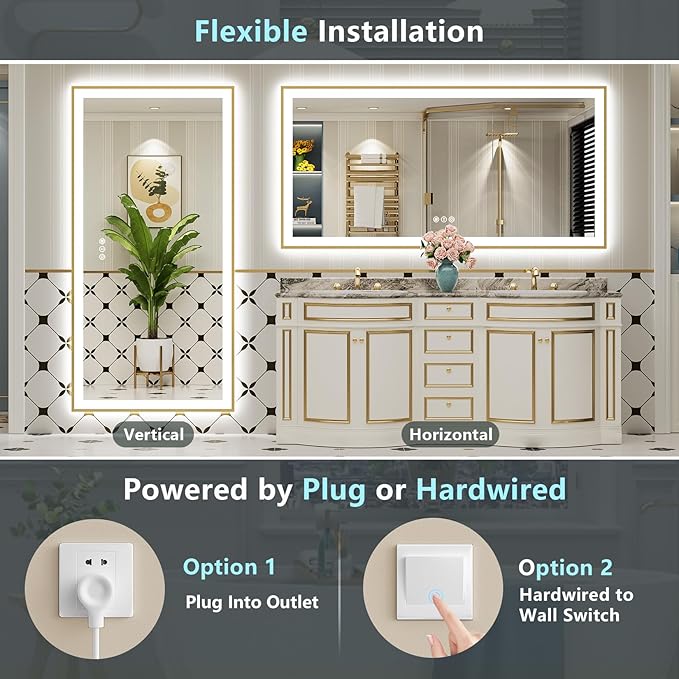 88x38 Gold LED Bathroom Mirror with Lights, Brushed Gold Framed Backlit and Front Lit Anti-Fog Lighted Vanity Mirrors for Bathroom Wall, Dimmable, 3 Colors, Memory, HD Tempered Glass, CRI＞90