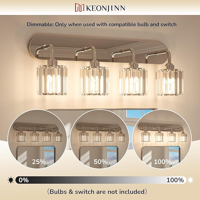 Keonjinn 5-Light Bathroom Light Fixtures, Crystal Chrome Bathroom Vanity Lights Over Mirror, Vanity Lighting Fixtures with Crystal Square Shades (E26 Socket, Exclude Bulb)