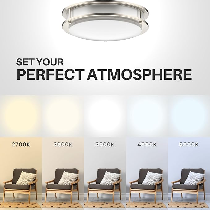 DYMOND LED Ceiling Light Flush Mount Dimmable Adjustable Lighting from Warm White to Daylight 2700K 3000K 3500K 4000K 5000K 5 in 1 Selectable CCT (Brushed Nickel, 12 Inch)