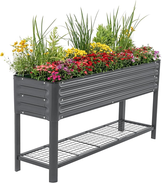 Elevated Raised Garden Bed- Slim Series, 1.5' x 5.5' Outdoor Planters Boxes with Legs & Storage Rack for Patio, 750 Lbs Weight Capacity, Raised Beds for Gardening Herbs Vegetables Flowers, Modern Gray