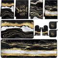 Fourluoo 10 Pcs Marble Farmhouse Kitchen Decor Accessories Set Marble Kitchen Dish Towels Rugs Oven Mitts and Pot Holders Sets for Cooking Baking(Black Gold,Modern)