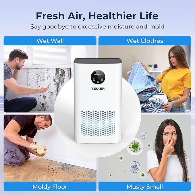 TENKER Dehumidifier for Home, 77 OZ Water Tank (1000 sq.ft) Dehumidifiers, Quiet Dehumidifier with Sleep Mode, Auto Shut Off, 7-Color LED Light for Closet Bedroom Bathroom Basement RV, White