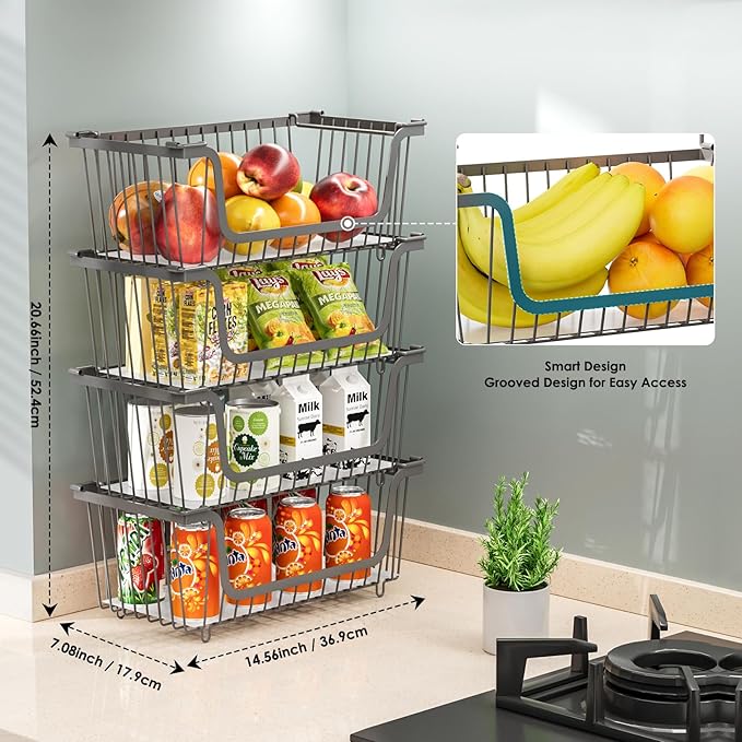 GAOKASE 4 Pcs Stackable Wire Baskets for Pantry Organizers and Storage,Vegetable Fruit Basket for Countertop,Kitchen Storage Metal Baskets,Produce Potato Onion Storage Bin,Gray