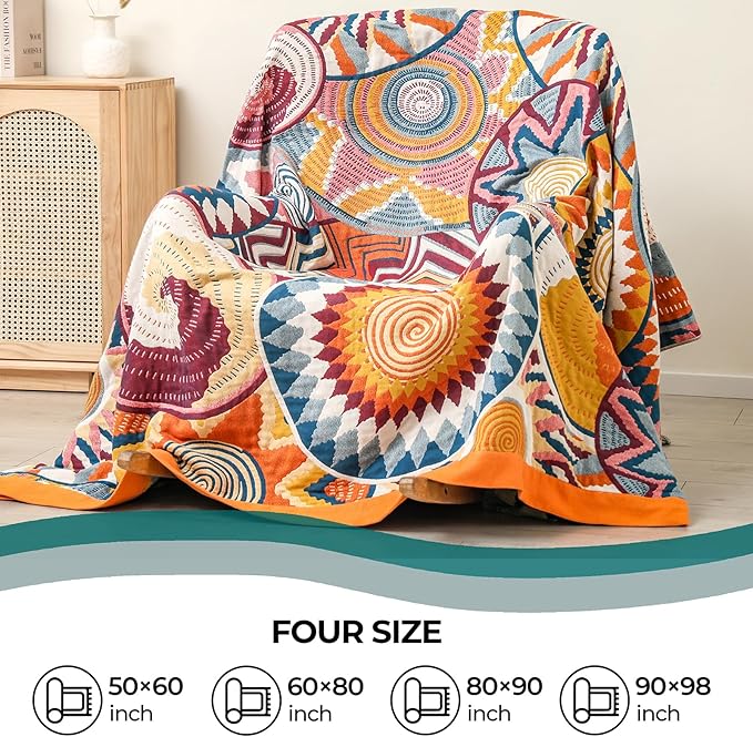 Queen Boho Throw Blanket for Bed 100% Cotton Ultra Soft Rustic Cozy Muslin Quilt Farmhouse Decor Bed Blanket,80"×90" All Season Rustic Throw for Sofa Couch,Colourful Sun