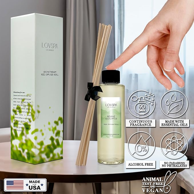 LOVSPA Revive Eucalyptus Diffuser Oil - Luxury Essential Oils for Diffuser Refill & Air Freshener Room Spray - Long-Lasting & Natural Home Fragrance, Scented Oil for Diffusers, USA Made, 4oz