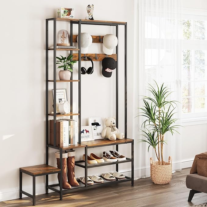 Hall Tree with Shoe Storage Bench Coat Rack with 7 Hooks Interchangeable 4 Tier Side Storage Shelves Small Cute Side Bench Industrial 5-in-1 Entryway Coat Rack for Hallway Mudroom Bedroom