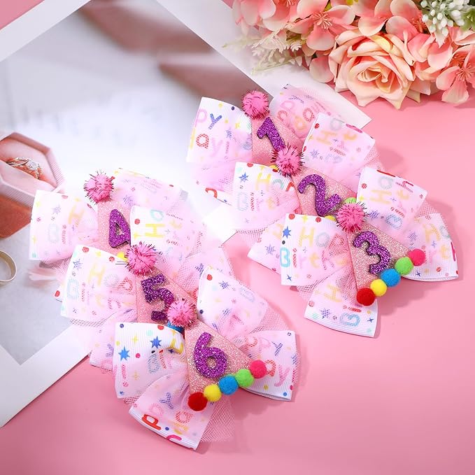 2Pcs Birthday Hair Bow for Baby Girls 1 2 3 4 5 6 Years, Pink Confetti Ice Cream Party Decorations, Sparkling Bows Hair Accessories for 3rd Birthday