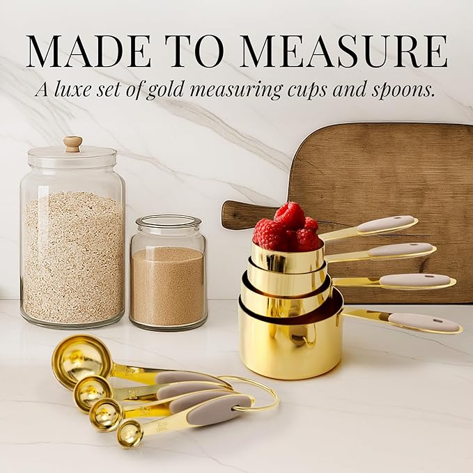 Styled Settings 23-Piece Beige and Gold Utensils Set – Silicone Nonstick Cooking Tools with Garlic Press, Can Opener, Measuring Cups, Utensil Holder – Luxury Kitchen Accessories for Modern Homes