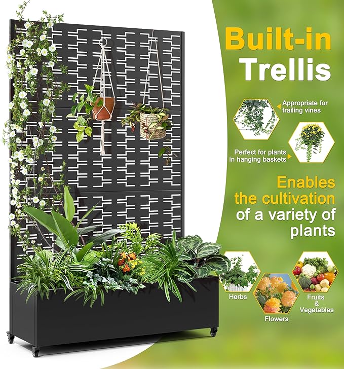 FENCY Metal Raised Garden Bed with Wheels and Trellis,73"x47"x16" Planter Box for Climbing Plants, Vegetables & Vines, Features Privacy Screen and Drainage Holes (Black-Brick)