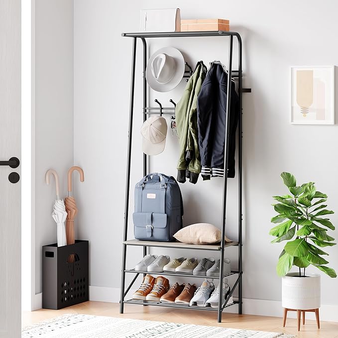 Coat Rack, 4-In-1 Hall Tree, Entryway Shoe Bench Coat Standwith Metal Frame, 3-Tier Shelf and 10 Hooks for Entryway,Hallway, Bedroom