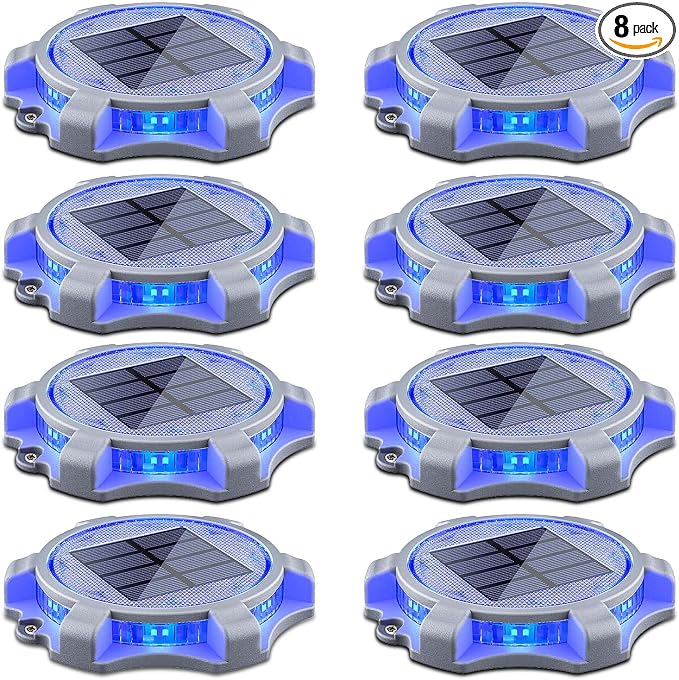 SIEDiNLAR Solar Deck Lights Outdoor 2 Modes LED Driveway Markers Dock Light Waterproof for Step Walkway Ground Stair Pathway Yard Road Garden 8 Pack (Blue/Red)