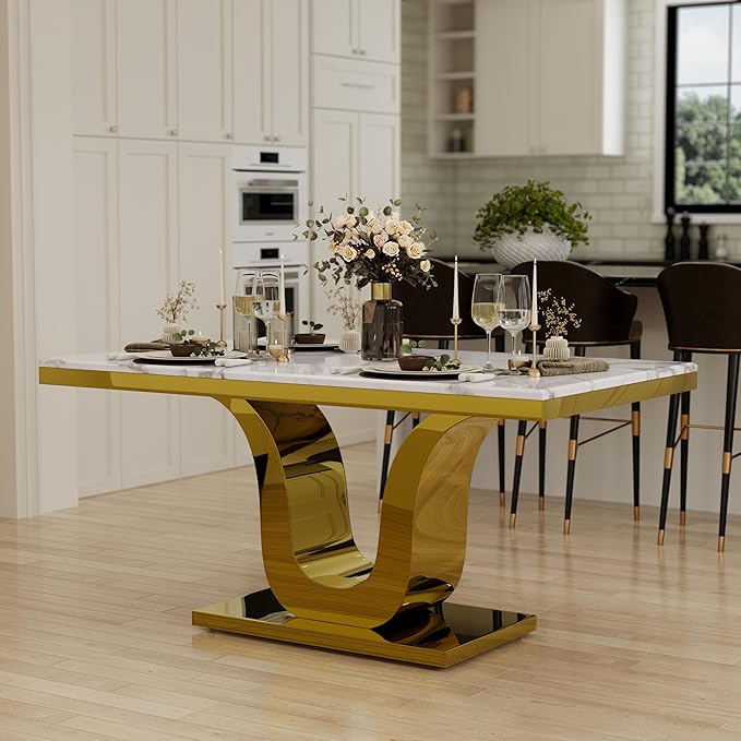 Luxury Dining Room Table with Gold Stainless Steel Metal U-Base in White Gold