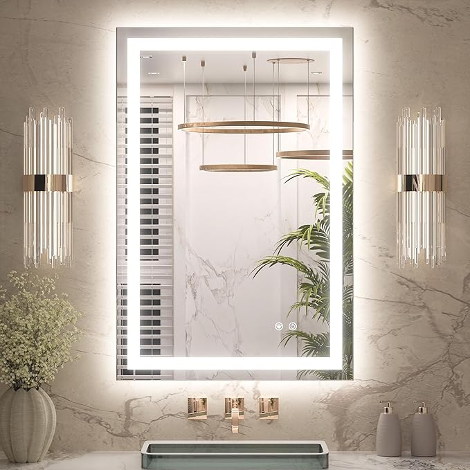 Keonjinn 24" x 36" Lighted Mirror for Bathroom Wall, LED Mirror with Frontlit & Backlit, Dimmable 3-Color Lights, HD Tempered Glass, UL-Listed LED Driver