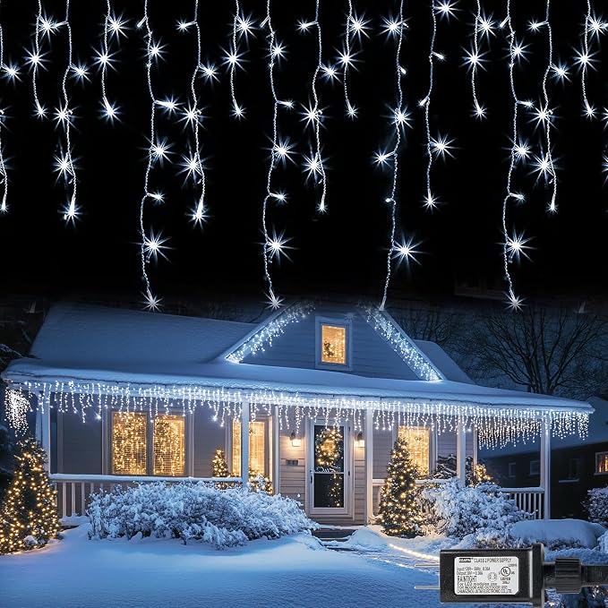 Dazzle Bright Christmas Icicle Lights, 88.5 FT 1080 LED 8 Modes Curtain Fairy Lights with 180 Drops, Xmas String Lights for Outdoor Holiday Wedding Party Decorations (White)