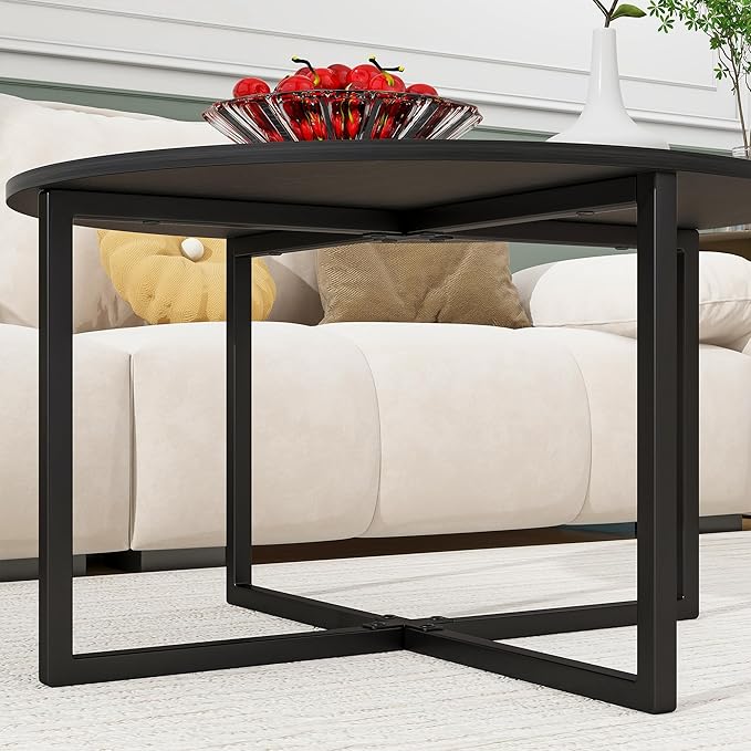 HOMERECOMMEND Round Coffee Table Nesting Tables for Living Room Tea Desk with Black Metal Legs Tea Table Balcony End Sofa Table Study,Black