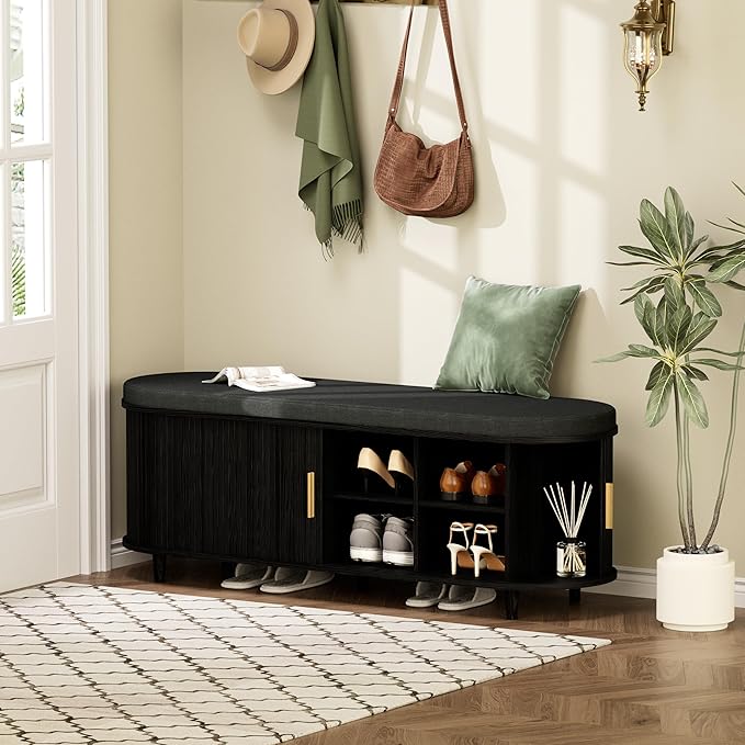 Entryway Bench with Storage: 51.2" Wooden Bedroom Shoe Bench with Thickened Padded Seat Cushion, Mid Century Modern Fluted Sliding Door and Adjustable Shelf, for Entryway, Living Room