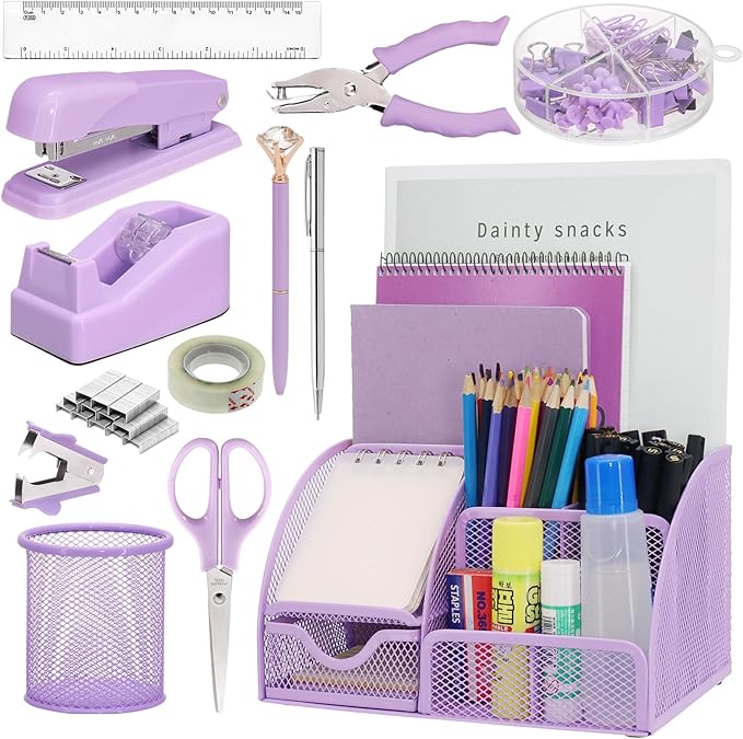 SYMDROMIA 13-in-1 Office Desk Organizer Set with Stapler and Tape Dispenser, Pen Holder, Scissors, Ruler, Hole Punch, 2 Pens & More Desktop Accessories for Back to School Supplies (Purple)