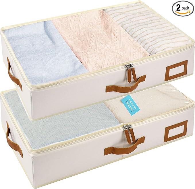 OrganiHaus Under Bed Storage Containers, Bedroom Storage and Organization Bins, Clothes Organizer for Closet with Clear Cover and Reinforced Handles - Set of 2 23.5x12.5x5 inches Off-White