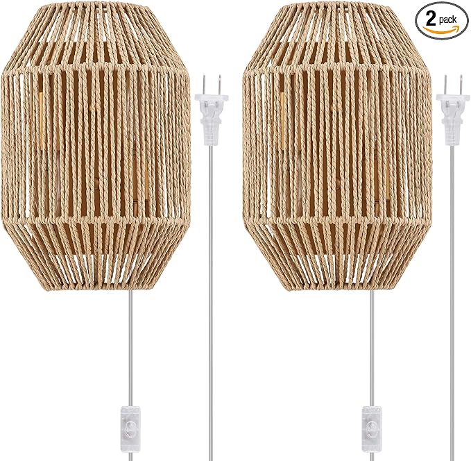 Natural Rattan Plug-in Wall Sconce Set of 2, with Boho Woven Wicker Shade Antique Brass Brush Paint Finish for Vanity Stairway Fireplace Living Room Bedside Passway Hallway