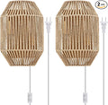 Natural Rattan Plug-in Wall Sconce Set of 2, with Boho Woven Wicker Shade Antique Brass Brush Paint Finish for Vanity Stairway Fireplace Living Room Bedside Passway Hallway