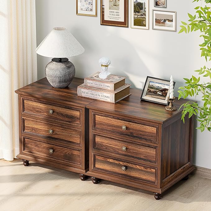 24" Wide Farmhouse Night Stand Set of 2,Large End Table with 3 Drawers & Metal Handle,Wood Dresser for Bedroom,Bed Side Table Chest of Drawers Cabinet,Brown Nightstand for Living Room,Closet