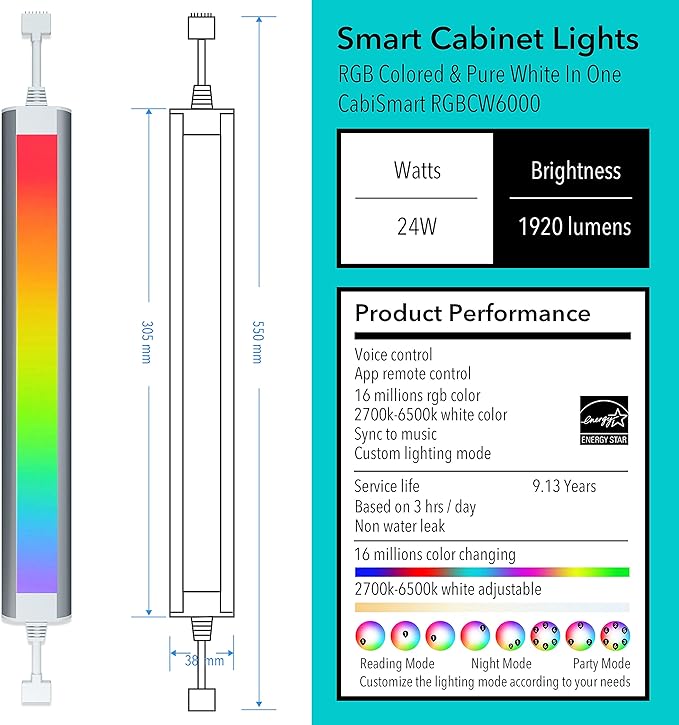 Smart Under Cabinet Lighting White & Multicolor LED Strip Lights Dimmable Works with Alexa,Google Home,Smart APP Remote Control RGB Kitchen Lamp Plug in for Under Counter Light Fixtures,6pcs