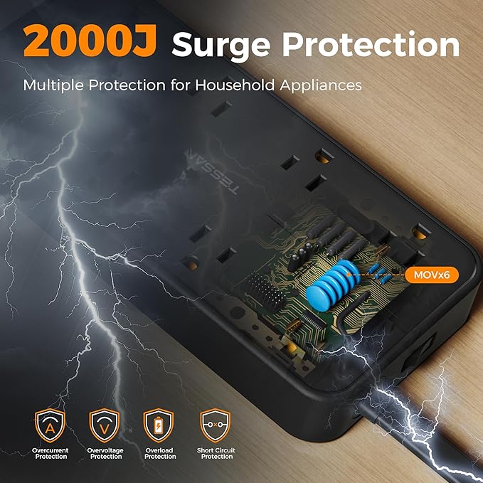 2000J Surge Protector Power Strip, TESSAN 5 FT Extension Cord with Multiple Outlets Flat Plug, 3 USB (1 USB C) and 8 AC Outlets, Wall Mount USB Charging Station for Home Office Supplies, Black