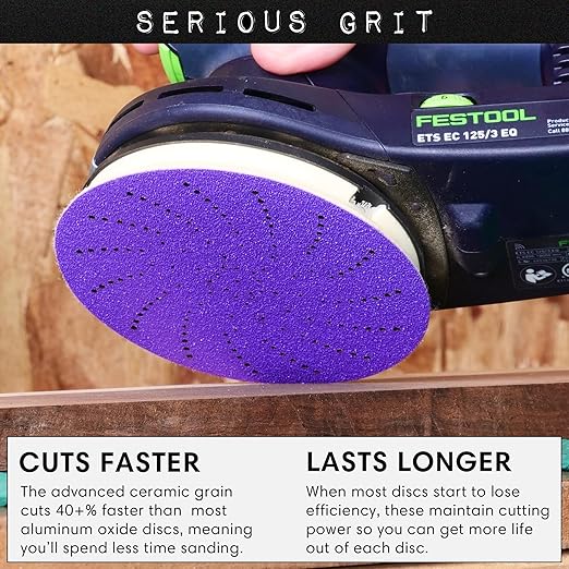 Serious Grit 5-Inch 120 Grit Ceramic Multi-Hole Hook & Loop Sanding Discs - Advanced Grain for Fast Cutting & Long Life - Film-Backed Universal Fit Sandpaper for 5-in Sanders - 50 Pack Box