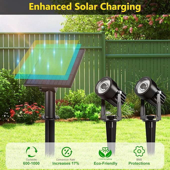 T-SUN Solar Spotlights 2W Outdoor LED Landscape Spot Light, 2-in-1 Waterproof Solar Powered Wall Lights Auto ON/Off with Dual Headlamp for Garden, Yard, Pathway(Warm White)
