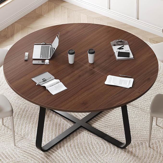 LVB Round Dining Table, Modern Wood Metal Kitchen Tables, Industrial Small Dinner Room Table for 4 to 6 People, Circle Coffee Dining Room Tables for Home Kitchen Living Room, Walnut, 51 Inch