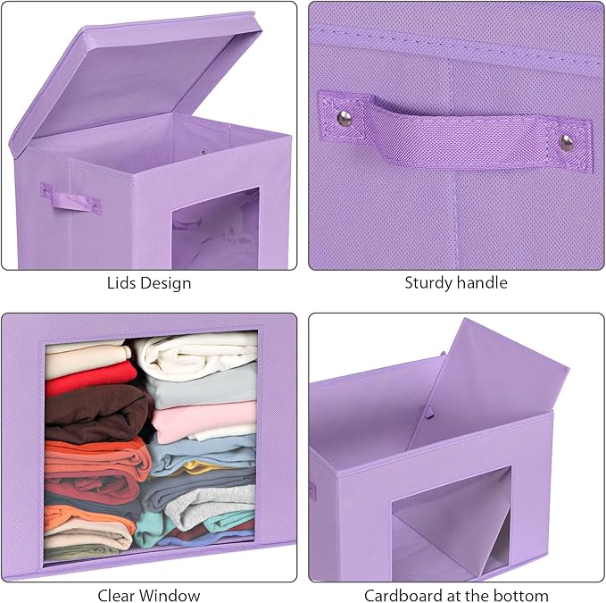 Univivi Foldable Fabric Storage Boxes Large Storage Bins with Lids [4-Pack] Collapsible Storage Cubes Organizer Containers Organization Baskets for Home, Bedroom, Closet (Purple, 17“ x 12” x 12")